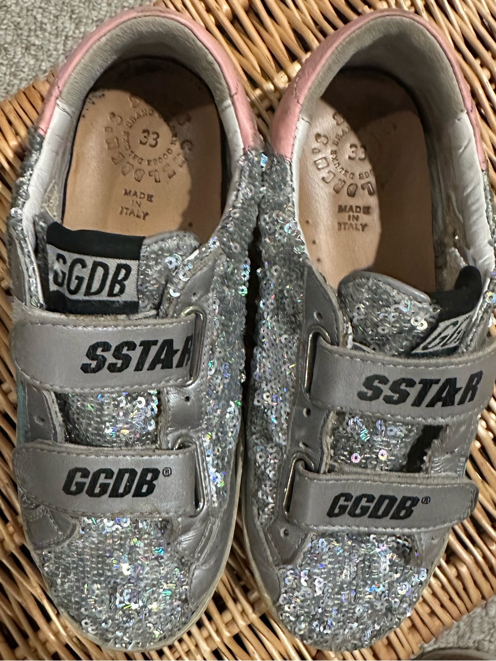 Golden Goose Kids Silver Sequin Sneakers with Velcro closure Sz 33
